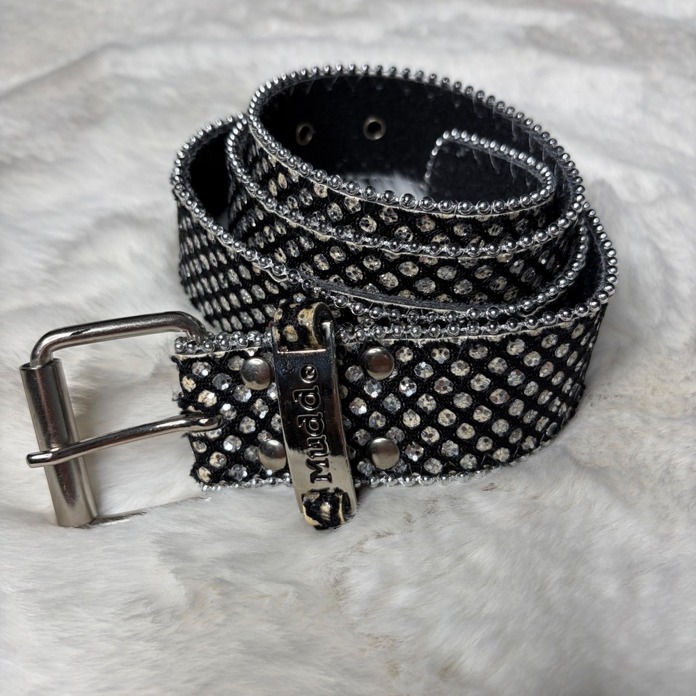 Mudd Vintage Y2K Rhinestone Studded Leather Belt Silver Ball Chain Black Rocker